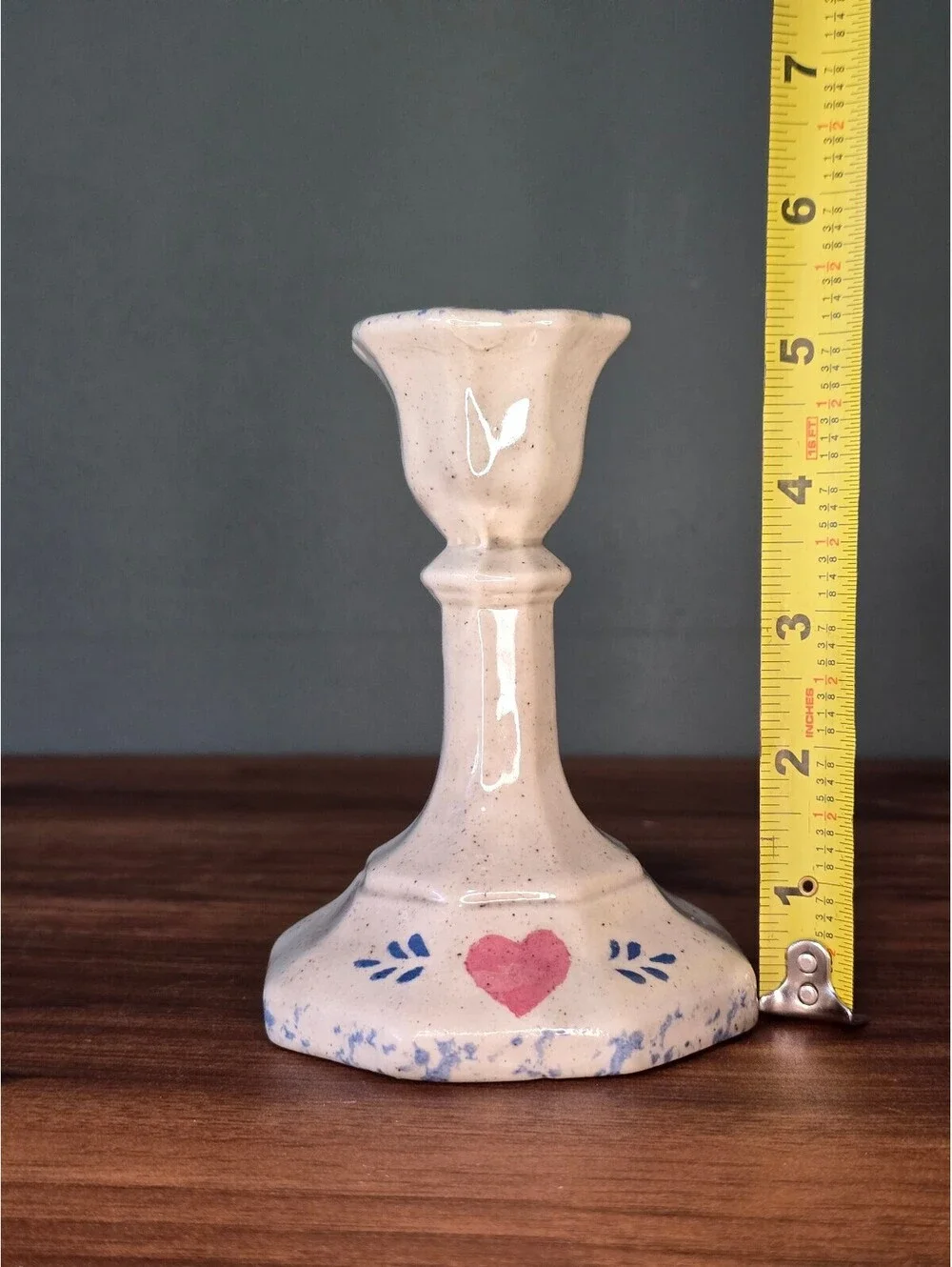 Vintage Spongeware Heart Ceramic Candlestick Holder Country Decor